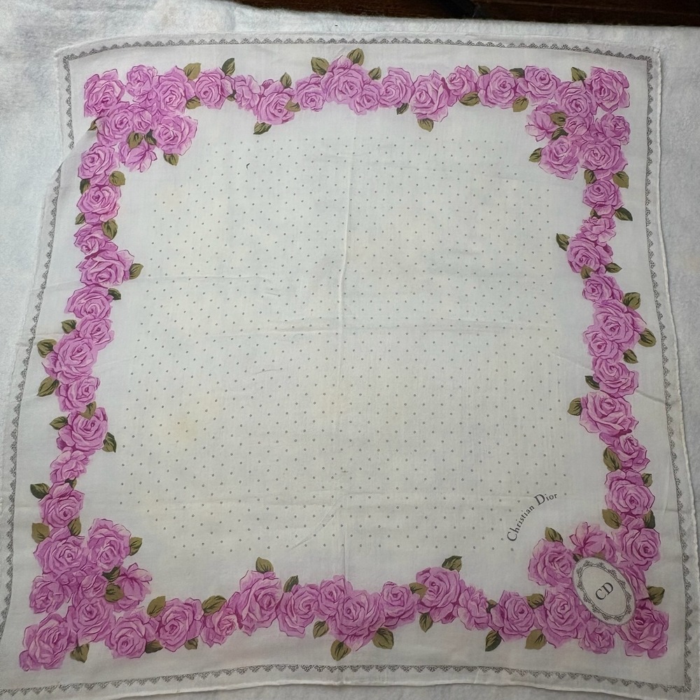 Vtg  CHRISTIAN DIOR Scarf Handkerchief Floral Polka Dot  White Pink 18.5"